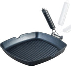 SKITCHN Nonstick Grill Pan With Folding Handle - Induction Compatible KBBQ Pan for Stove Tops, Indoor Square BBQ Grilling With Pour Spouts - 11 in