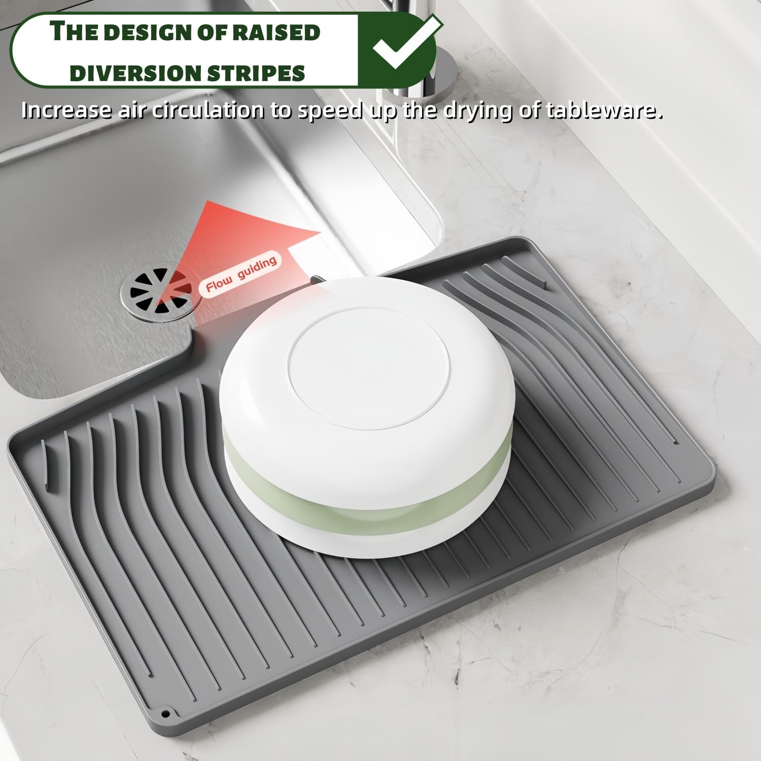 CIEO Silicone Dish Drying Mat for Kitchen Counter, Slope Fast Self-Draining, Non-Slip Drain Pad, Easy Clean Countertop Protection Mat, Multiple Use for Dishes Drying Rack（18.9"x 13.58",Black）