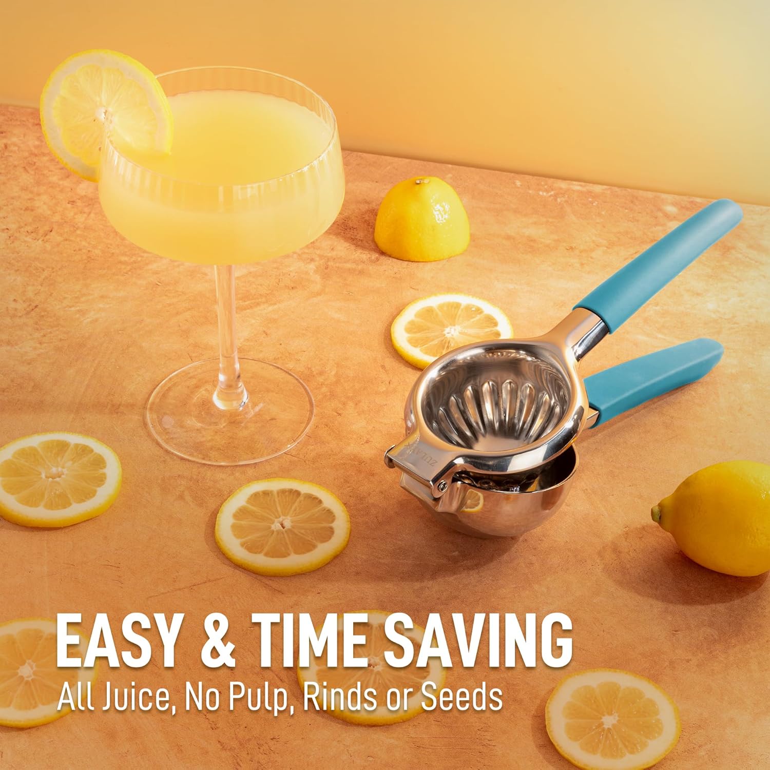 Zulay Lemon Squeezer Stainless Steel with Premium Heavy Duty Solid Metal Squeezer Bowl and Food Grade Silicone Handles - Large Manual Citrus Press Juicer and Lime Squeezer Stainless Steel (Blue)