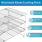 15IN x 10IN Cooling Baking Rack Set of 3, Leonyo 3-Tier Stackable Stainless Steel Wire Baking Cooking Racks Set for Cookie, Pizza, Cup Cake, Raised & Folding Feet