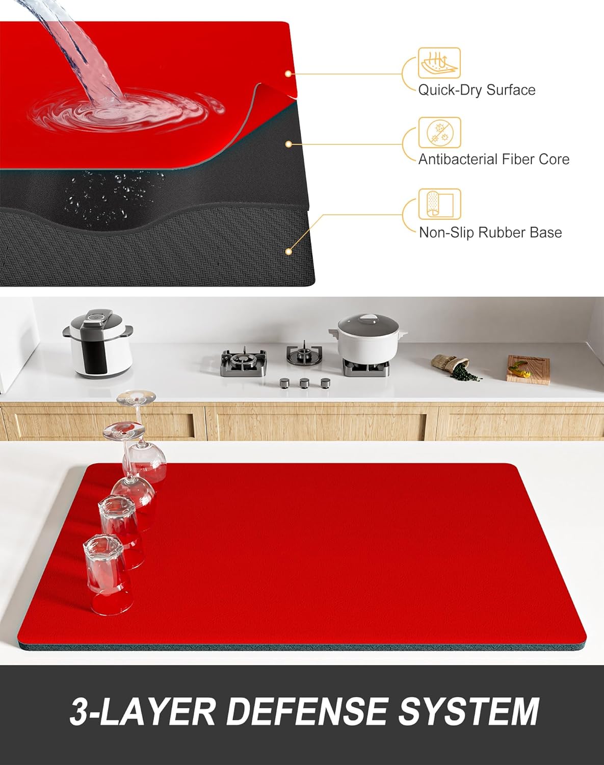 Rnivvi Dish Drying Mat for Kitchen Counter, XL 15 x 24" Super Absorbent Drainer Pad Easy Clean Dish Rack Pad, Non-Slip Heat Resistant Coffee Bar Mats for Coffee Machine Station Accessories Decor, Red