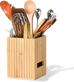 Fluted Bamboo Utensil Holder 6.5 Inch, Natural Kitchen Crock for Countertop, Modern Spoon and Spatula Organizer for Utensil Storage