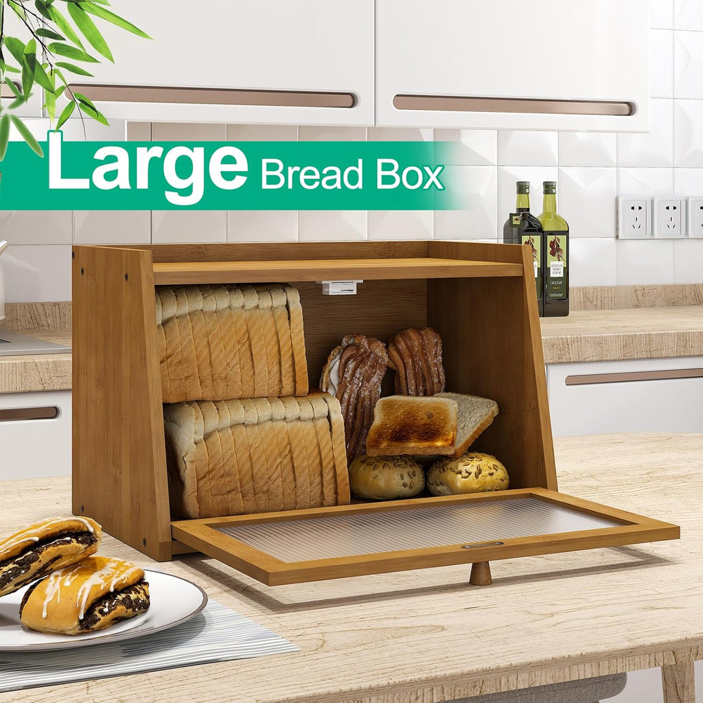 Bread Box for Kitchen Counter, Large Bamboo Bread Storage Container with Wavy Arcylic Door, Bamboo Wooden Farmhouse Bread Box for Your House (Brown, Medium)