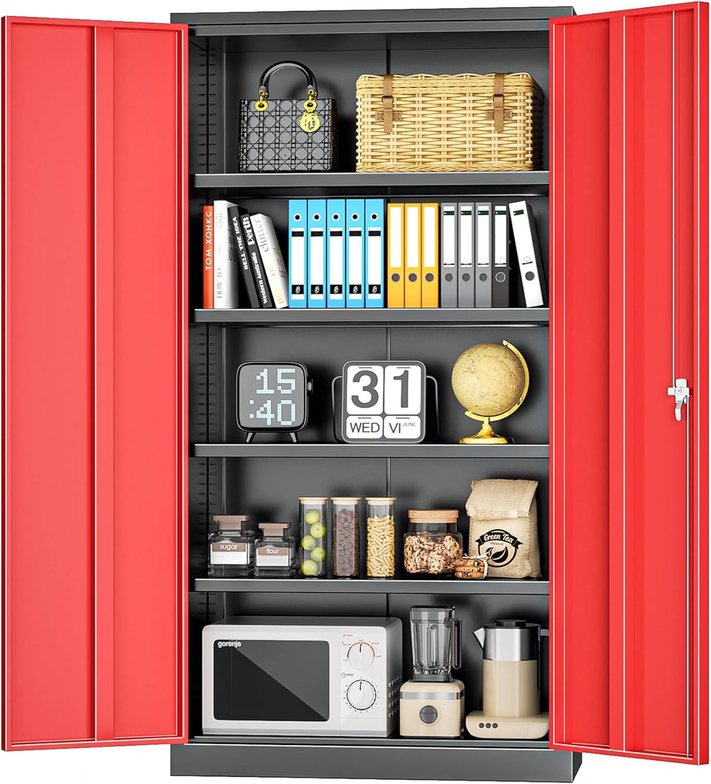 INTERGREAT Metal Storage Cabinets 72” Black Red Garage Steel Storage Cabinet with Doors and Shelves, Steel File Cabinet for Home Office, Basement, Warehouse, Classroom（Anti Tipping）