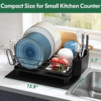 JASIWAY Stainless Steel Black Dish Drainers Drying Rack for Kitchen Counter with Drainboard, Rust Proof Metal, Space Saving, Modern Aesthetic, Compact Plates Dryer Strainers with Tray and Extra Mat