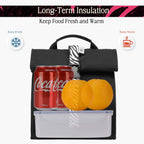 SUNNY BIRD Insulated Lunch Bag Rolltop Lunch Box Tote Bag for Women, Men, Adults and Teens (Black with white strap)
