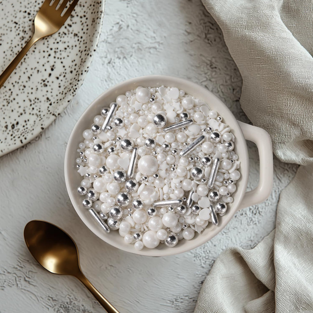 White Wedding Sprinkles for Cake Decorating 4.23ounce - Sugar Mix Contains White & Silver Pearl Sprinkles for Cupcake Toppers, Ice Cream, Candy, Cookie Decorations - Wedding Party Supplies