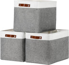DULLEMELO Large Storage Baskets, Fabric Storage Basket with Leather Handles for Shelves Closet Nursery Toy Storage, Collapsible Fabric Baskets for Toy Book Magazine Towel Organizers(White&Gray)