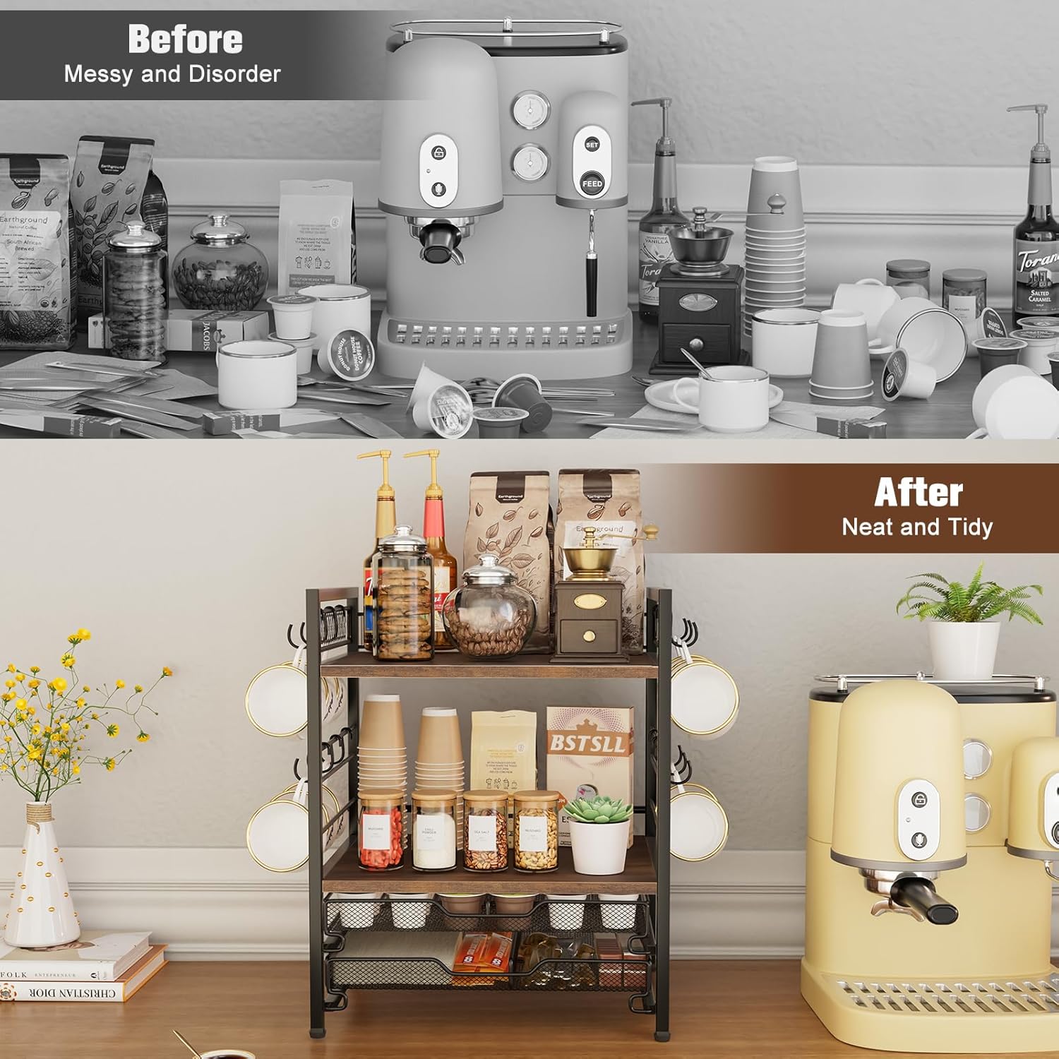 Coffee Bar Organizer, 4 Tier Coffee Station Organizer for Countertop, 30 K Cup Pod Drawer, Mug Cup Holder Stand with 12 Hooks, Multifunctional K Pods Shelf Storage Holder Drawer