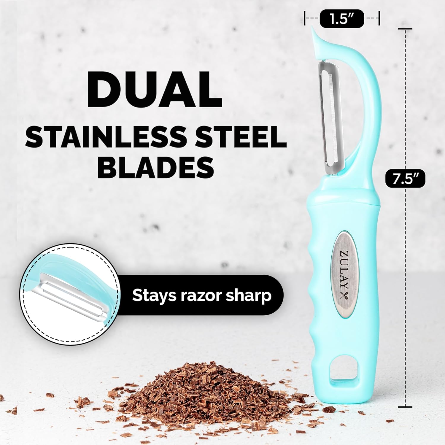 Zulay Kitchen Premium Vegetable Peeler for Kitchen - Swivel Peeler with Razor Sharp Stainless Steel Blades & Strong Ergonomic Handle - Dishwasher Safe, Easy To Use with Blemish Remover - Light Blue