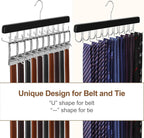 TOPIA HANGER 2 Pack 2 in 1 Belt Tie Hanger for Closet Max 60 Belts with 60 Ties Capacity, 40 Hooks Belt Tie Racks Wooden Hanger for Closet Organizer Storage “U” Fit Belt and “一” Fit Tie - CT52B
