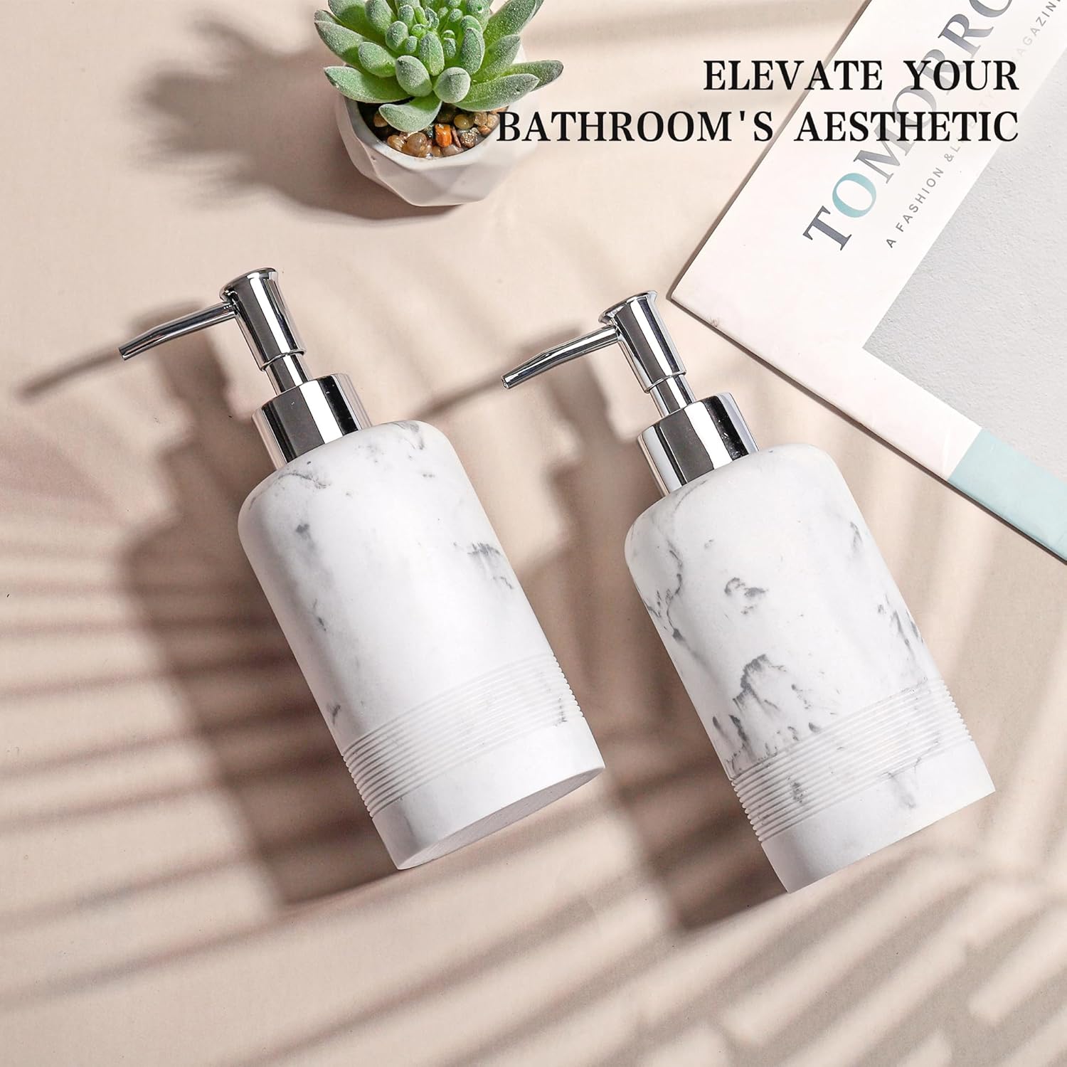 2pcs/Set Hand Soap Dispenser Sets - 10.8oz Refillable Resin Liquid Soap Dispensers with Rust-Proof Pump for Bathroom Countertop or Kitchen, Marble White