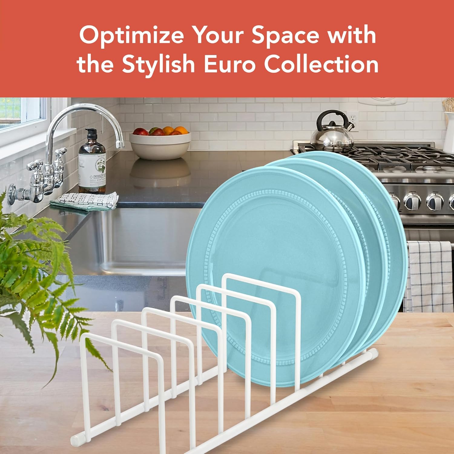 Spectrum Euro Cutting Board Holder Stand for Countertop or Inside Kitchen Cabinet Organization Matte White, 8 Slot Cutting Board Drying Rack or Cabinet Plate Bakeware Storage Organizer