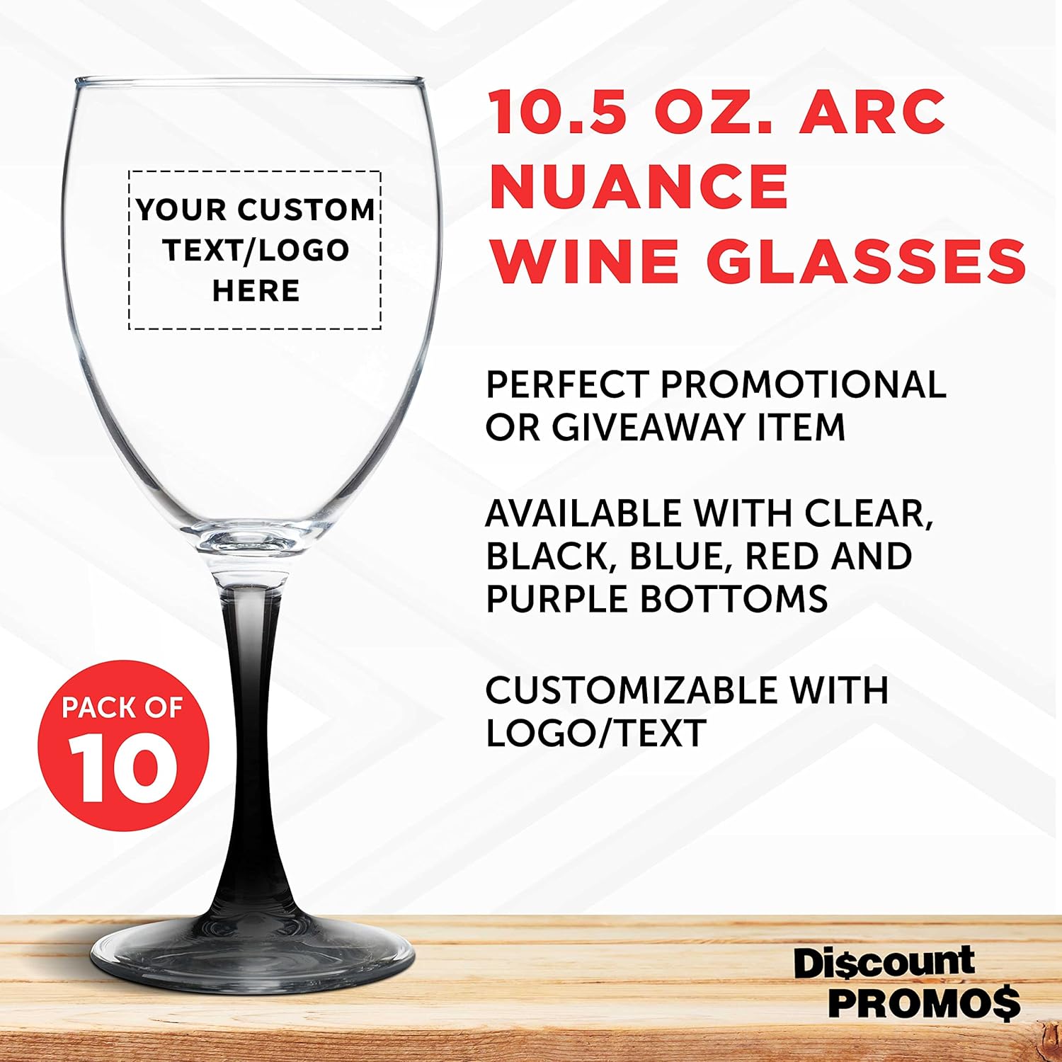 Custom Nuance Wine Glasses by ARC 10.5 oz. Set of 10, Personalized Bulk Pack - Restaurant Glassware, Perfect for Red Wine, White Wine, Cocktails - Black