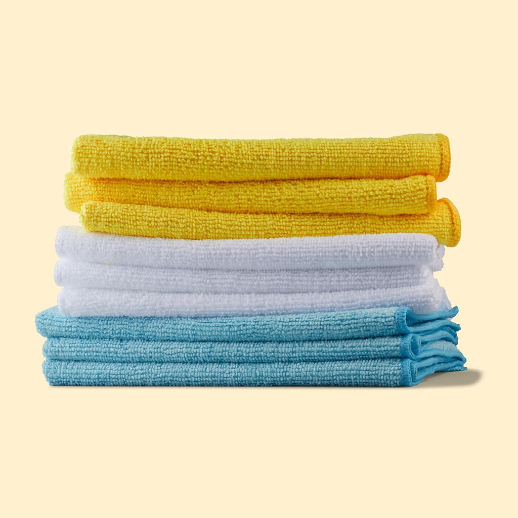 Amazon Basics Microfiber Cleaning Cloths, Non-Abrasive, Reusable and Washable, Pack of 36, Blue/White/Yellow, 16" x 12"