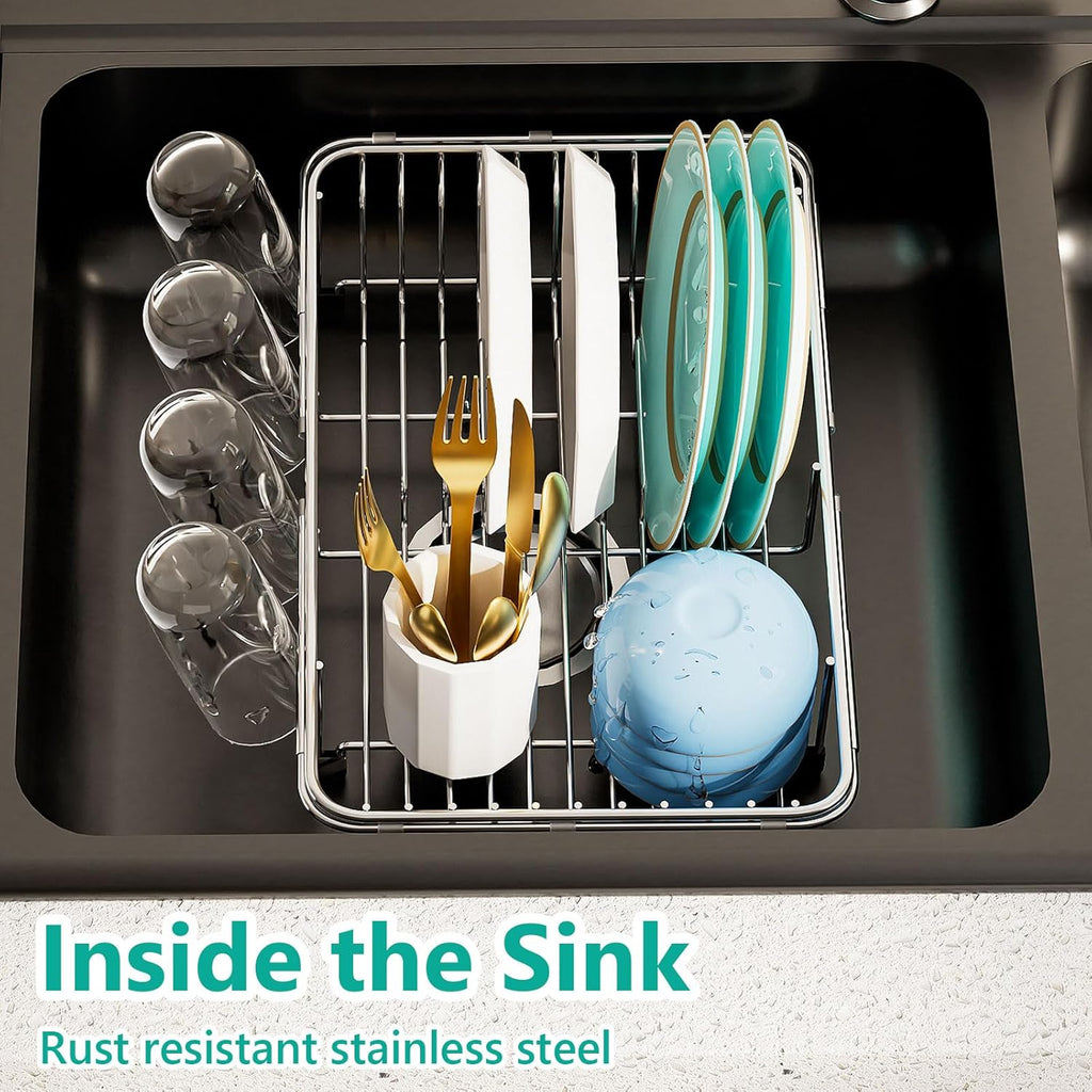 Dish Drying Rack in Sink Expandable Stainless Steel Kitchen Dish Drainer with 4 Cup Holders, Silver