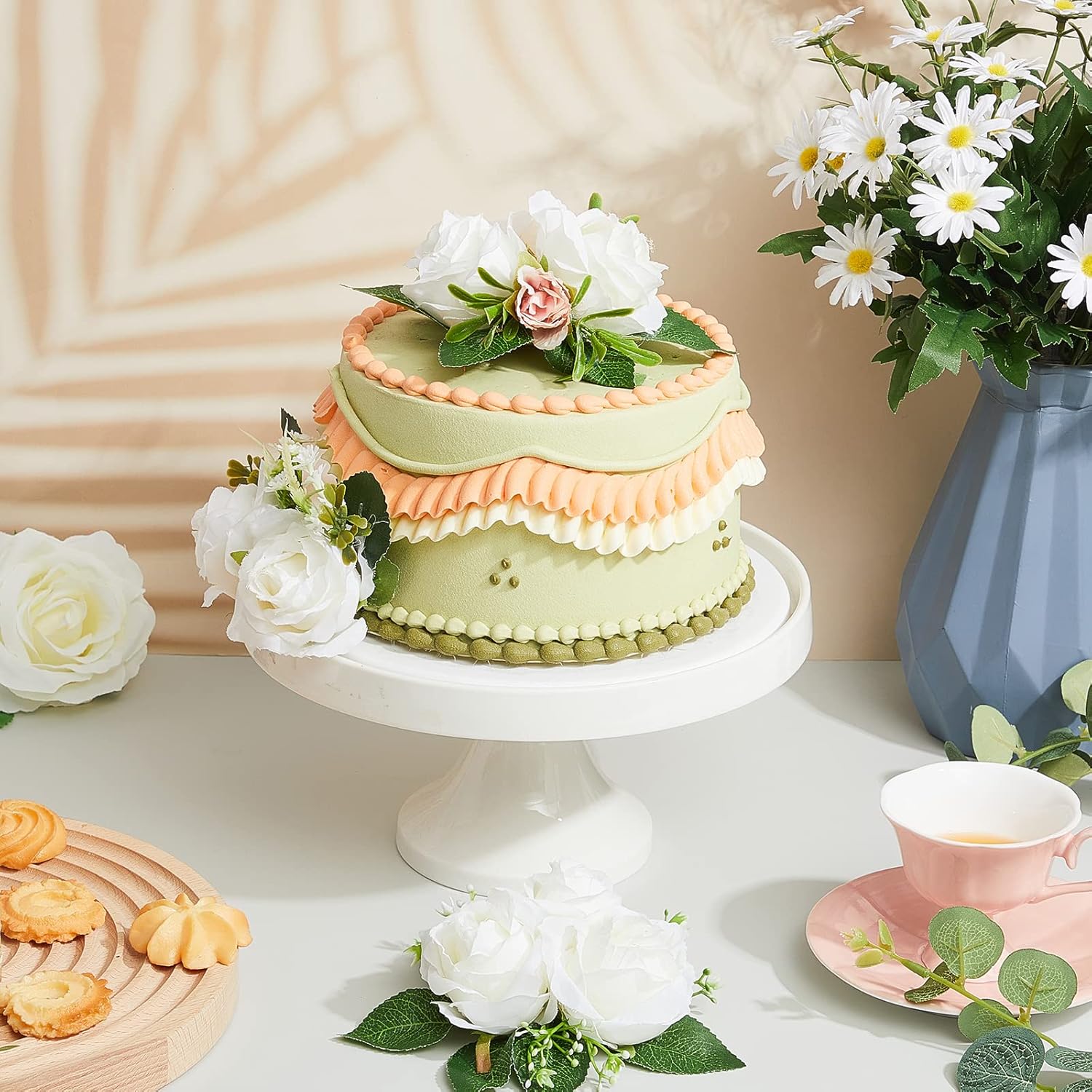Taiyin 9 Pcs Flower Cake Topper Boho Cake Decorations Eucalyptus Flowers Floral Decorations for Women Wedding Birthday Party Anniversary(White)