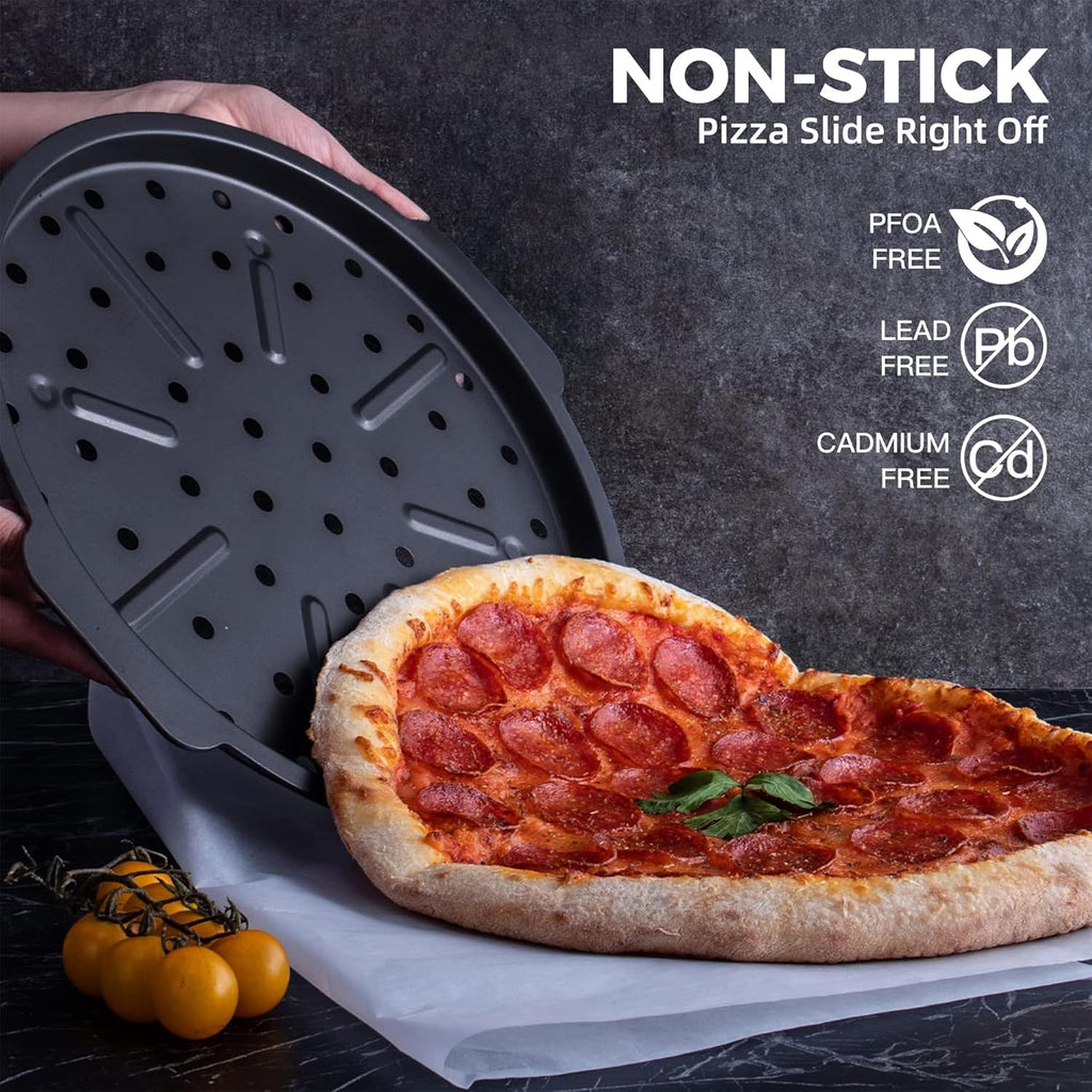 HONGBAKE 2 Pack Pizza Pan with Holes 12 Inch, Nonstick Pizza Tray for Oven with Widen Handles, Hot Air Pizza Crisper Tin, Round Baking Sheet for Frozen & Homemade Pizza, Grey