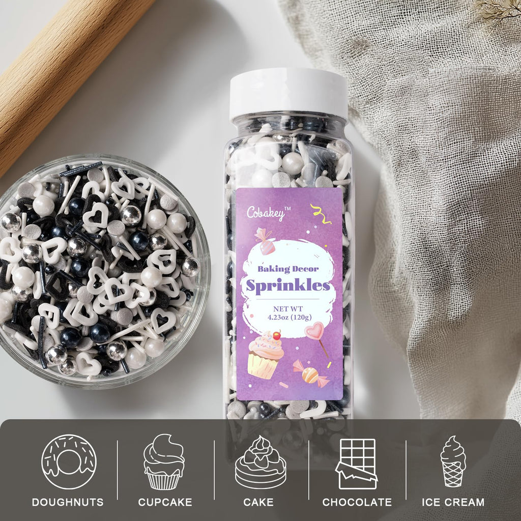 Black and White Heart Sprinkles for Cake Decorating 4.23ounce - Sugar Mix Contains Heart & Silver Pearl Sprinkles for Cupcake Toppers, Ice Cream, Candy, Cookie Decorations - Holiday Party Supplies