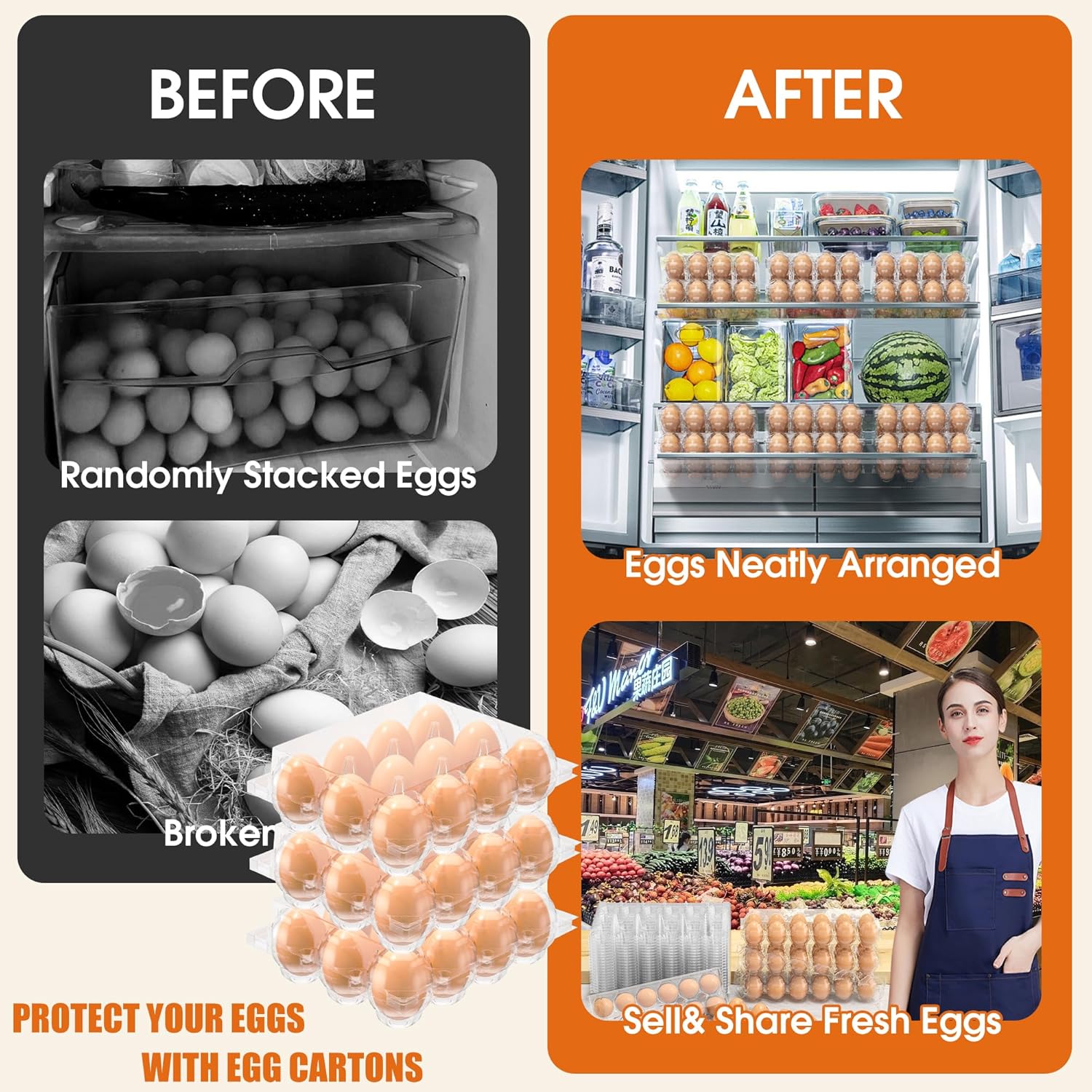 80 Pack Egg Cartons Cheap Bulk, 12 Count Clear Empty Egg Cartons for Fresh Chicken Eggs, 3x4 Grids Reusable Egg Holder Trays for Refrigerator Use, Chicken Farming, Family Storage and Market Purpose