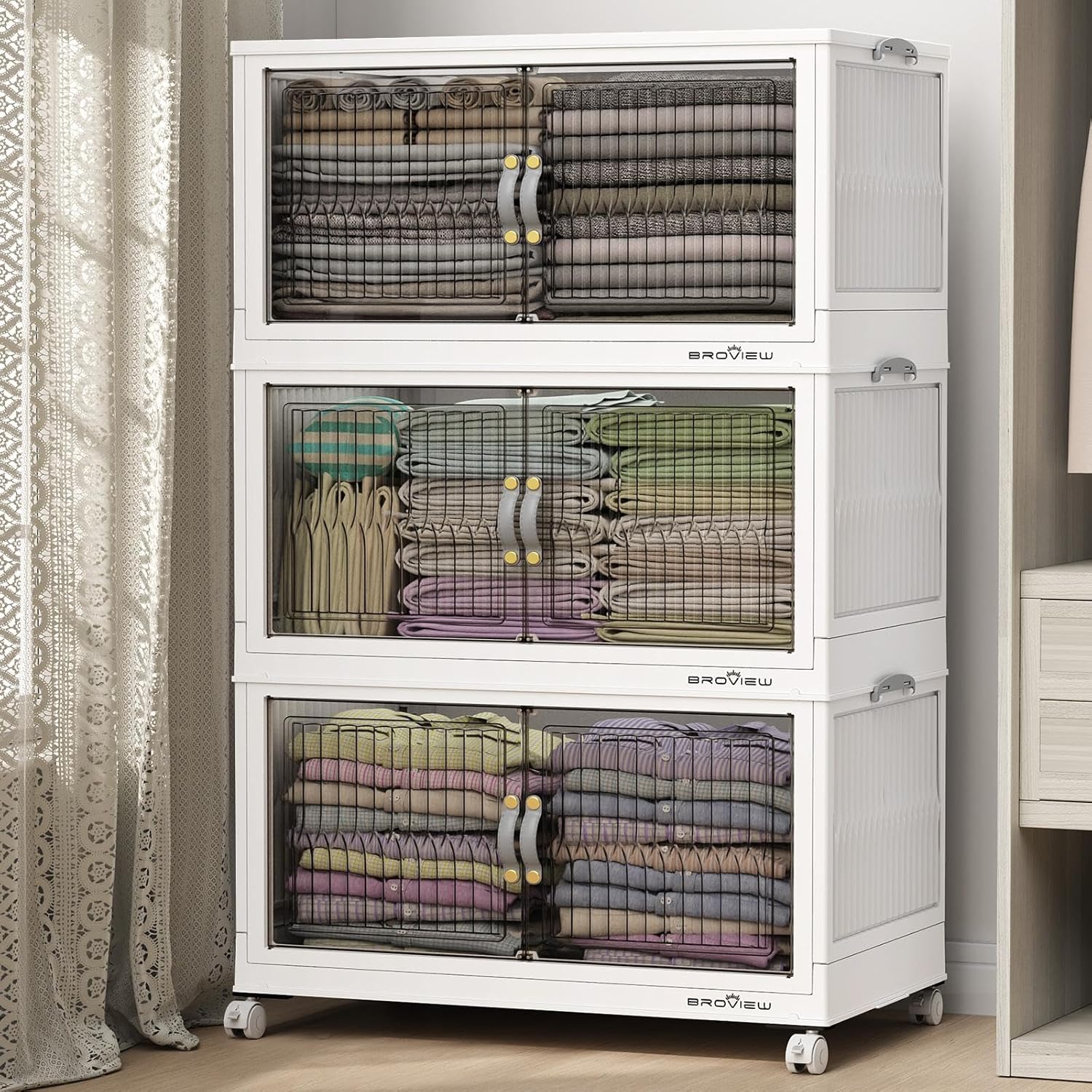 360Qt Stackable Storage Bins with Lid, Extra Large Closet Organizer Collapsible Drawer Boxes with Wheels, Folding Plastic Cabinet Containers for Home Kitchen Room Organization, 3Pack White