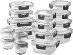 COOK WITH COLOR Premium 32-Pc. Borosilicate Glass Food Container Set with Dividers - 4 Rectangles, 8 Rounds, 4 Squares - Leakproof Lids - Meal Prep, Storage, Ombre Black