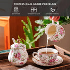 Ceramic Sugar and Creamer Set, 3 Piece Set with Cream Pitcher, Sugar Bowl, Sugar Set with Lid and Spoon (White with flower)