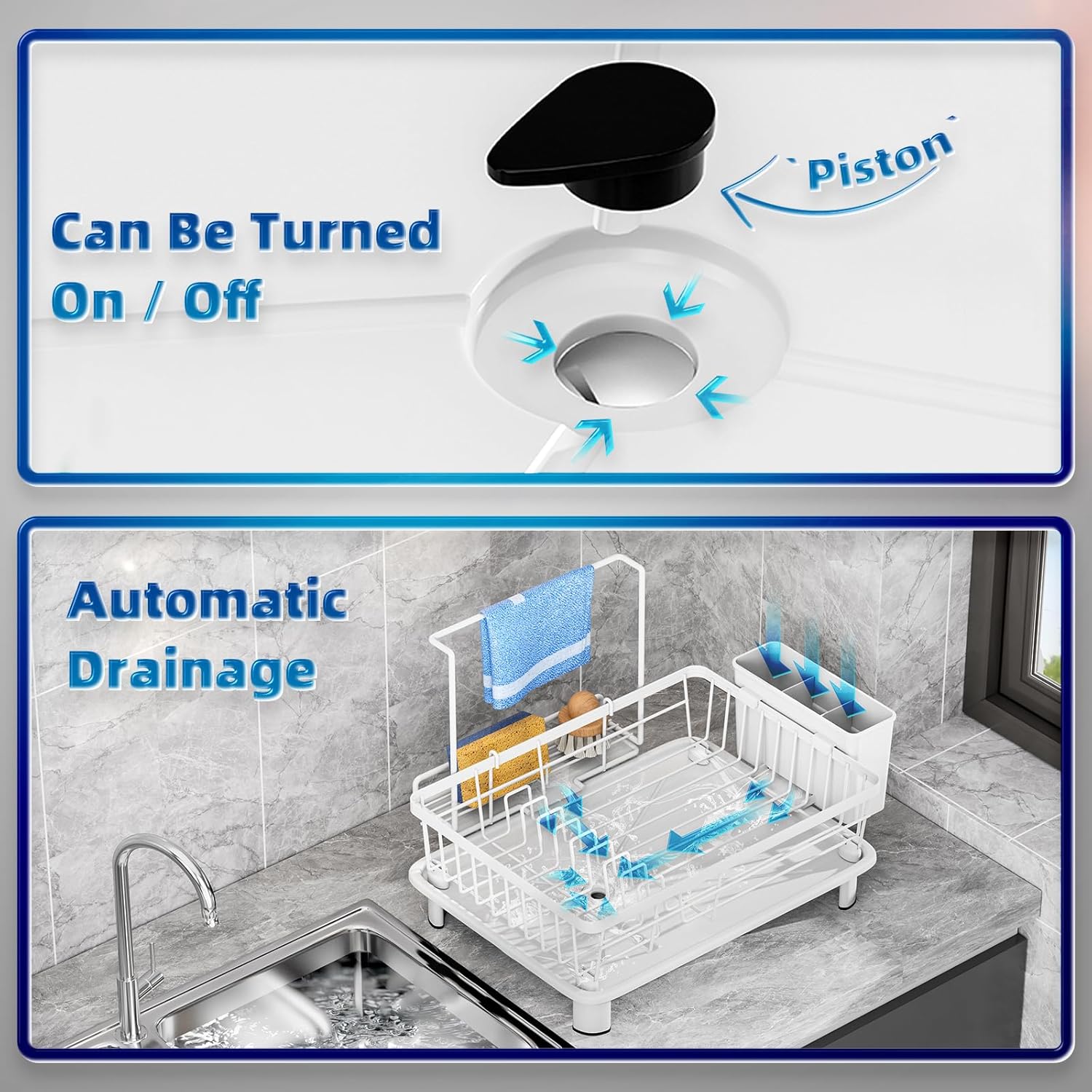 Compact Dish Drying Rack, Dish Drainers for Kitchen Counter with Sponge Rack, Kitchen Drying Rack with Drainboard, Utensil Holder and Automatic Drainage Drainboard, White