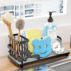 Consumest Sponge Holder for Kitchen Sink - Sink Caddy Organizer with Water Absorbing Stone Tray, Detachable Brush Holder, Stainless Steel Kitchen Counter Organizer Rack, Black