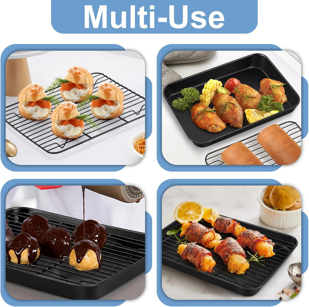 TeamFar Toaster Oven Pan with Rack Set, 10.5 x 8 x 1 Inch Nonstick Small Baking Pan Tray with Cooling Rack for Baking Roasting, Non-Toxic & Heavy Duty, Easy Clean, Set of 4