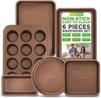 NutriChef 6-Piece Nonstick Bakeware Set, Carbon Steel Baking Pans, Includes Cookie Trays, Wide & Square Bake Pan, Bread Loaf & Round Cake Pan, Muffin Pan - Gold