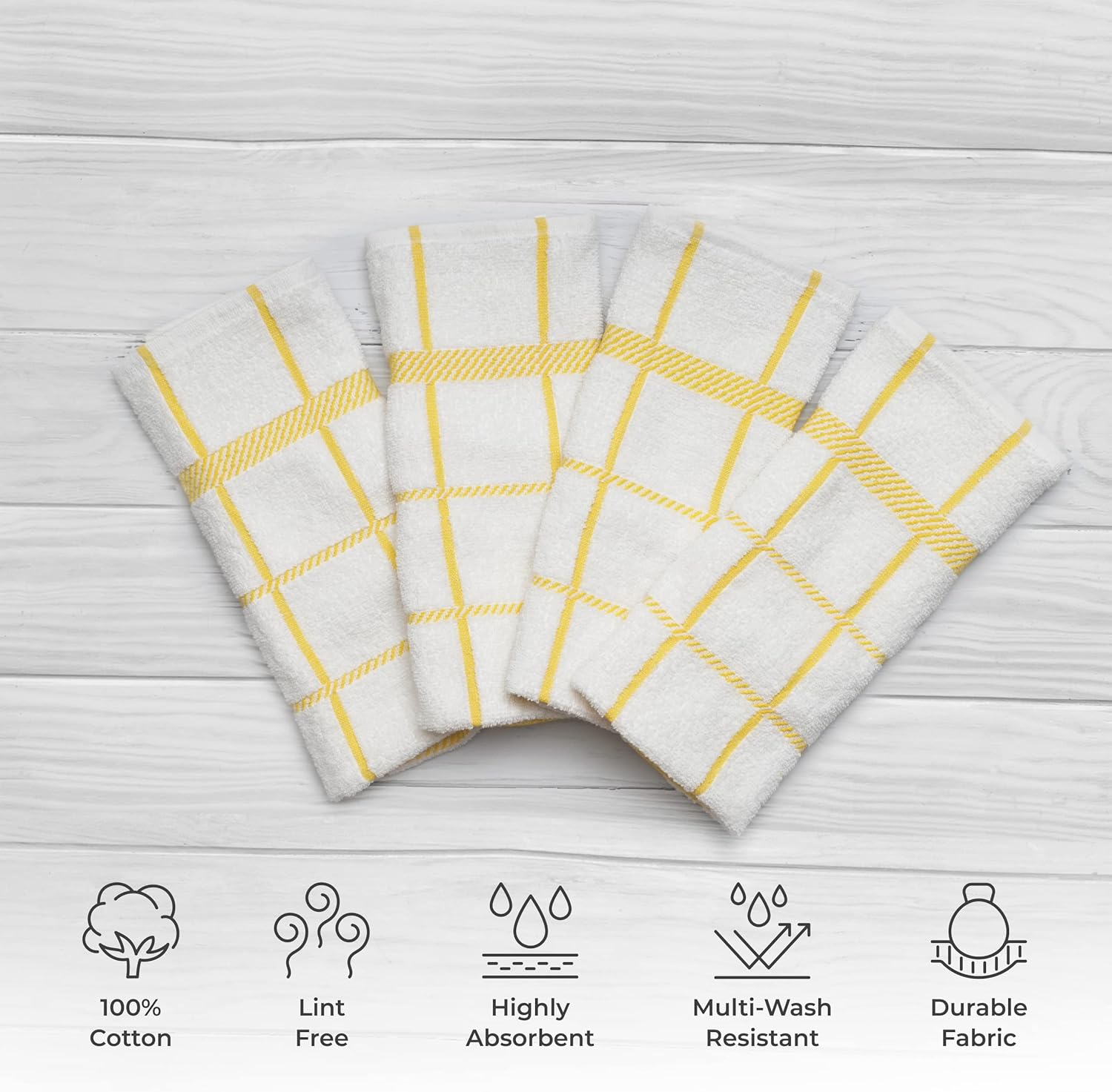 100% Cotton Terry Dish Towels, 4 Pack Checks, 16 x26 Inches, Super Soft and Absorbent Kitchen Towels, Perfect for Kitchen Cleaning and Dish Washing | Yellow