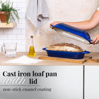Enamelled Cast Iron Bread Loaf Pot – Dutch Oven For Sourdough Bread Baking – Oven Safe Non Stick Bread Pot – Rectangular, Dark Blue, 34cm x 16cm – by Nuovva