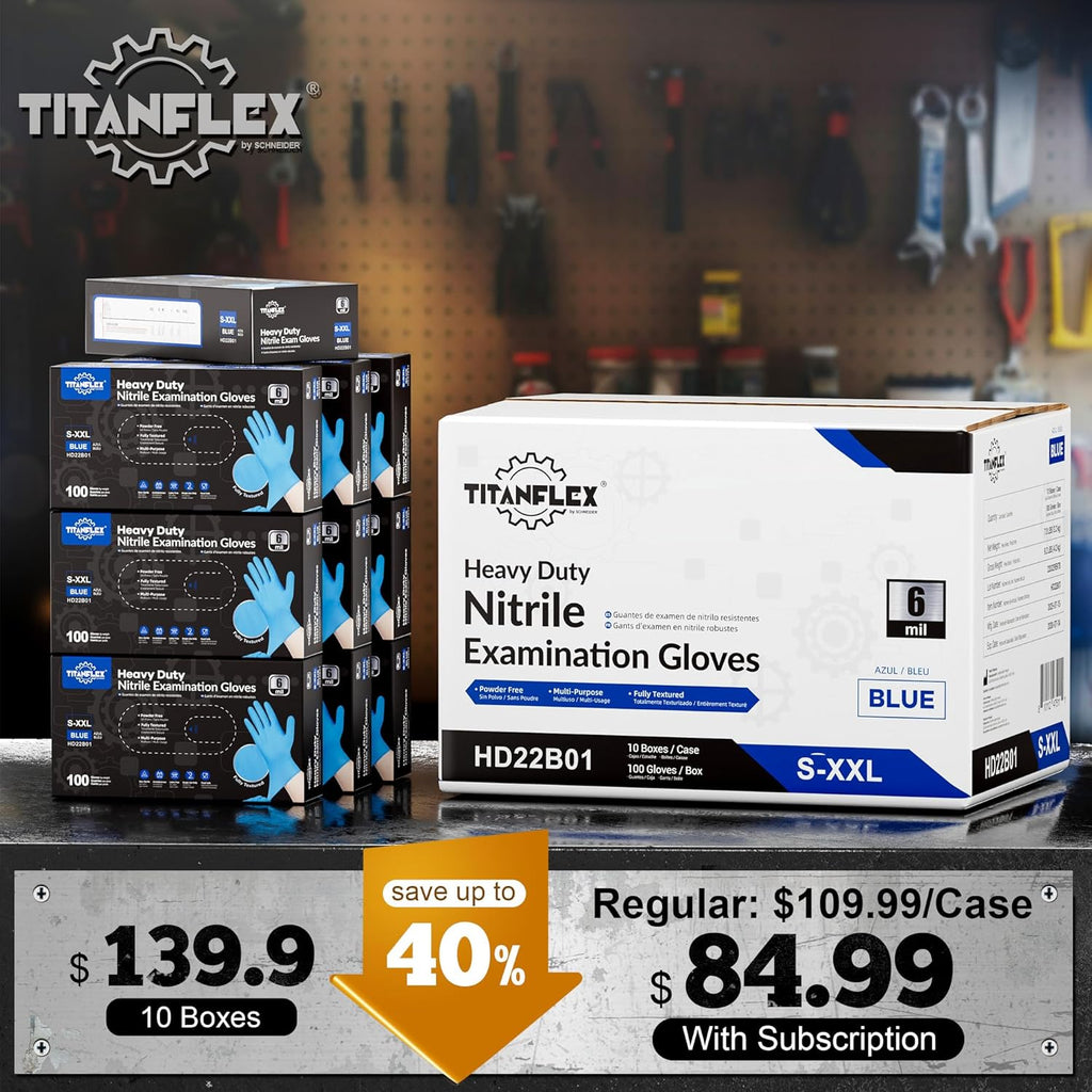 TitanFlex Heavy-Duty Blue Nitrile Gloves, 6-mil, Fully Textured, Mechanic Disposable Gloves, Powder-Free, Latex-Free