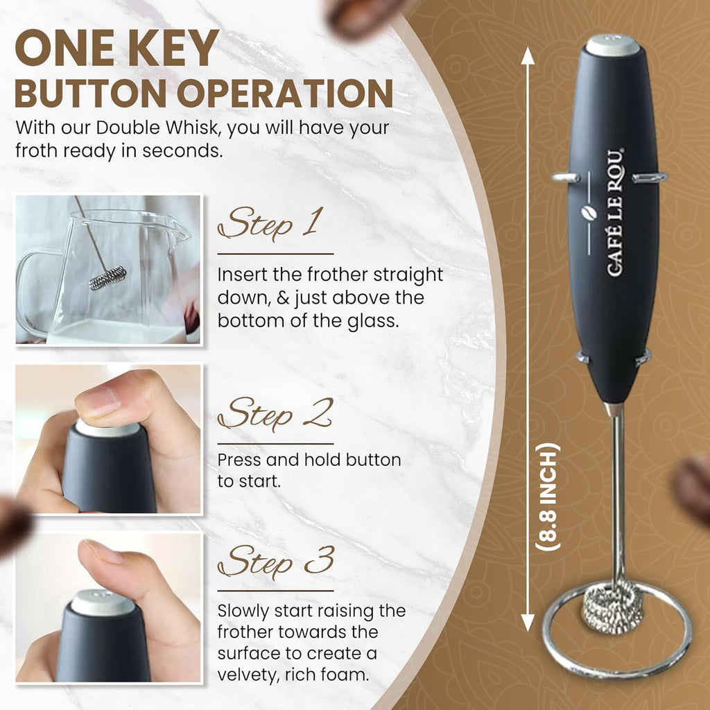 Cafe le Rou Milk Frother Handheld Battery Operated - Double Whisk with Stand. Batteries included. Electric Foam Maker, Drink Mixer with Stainless Steel Whisk