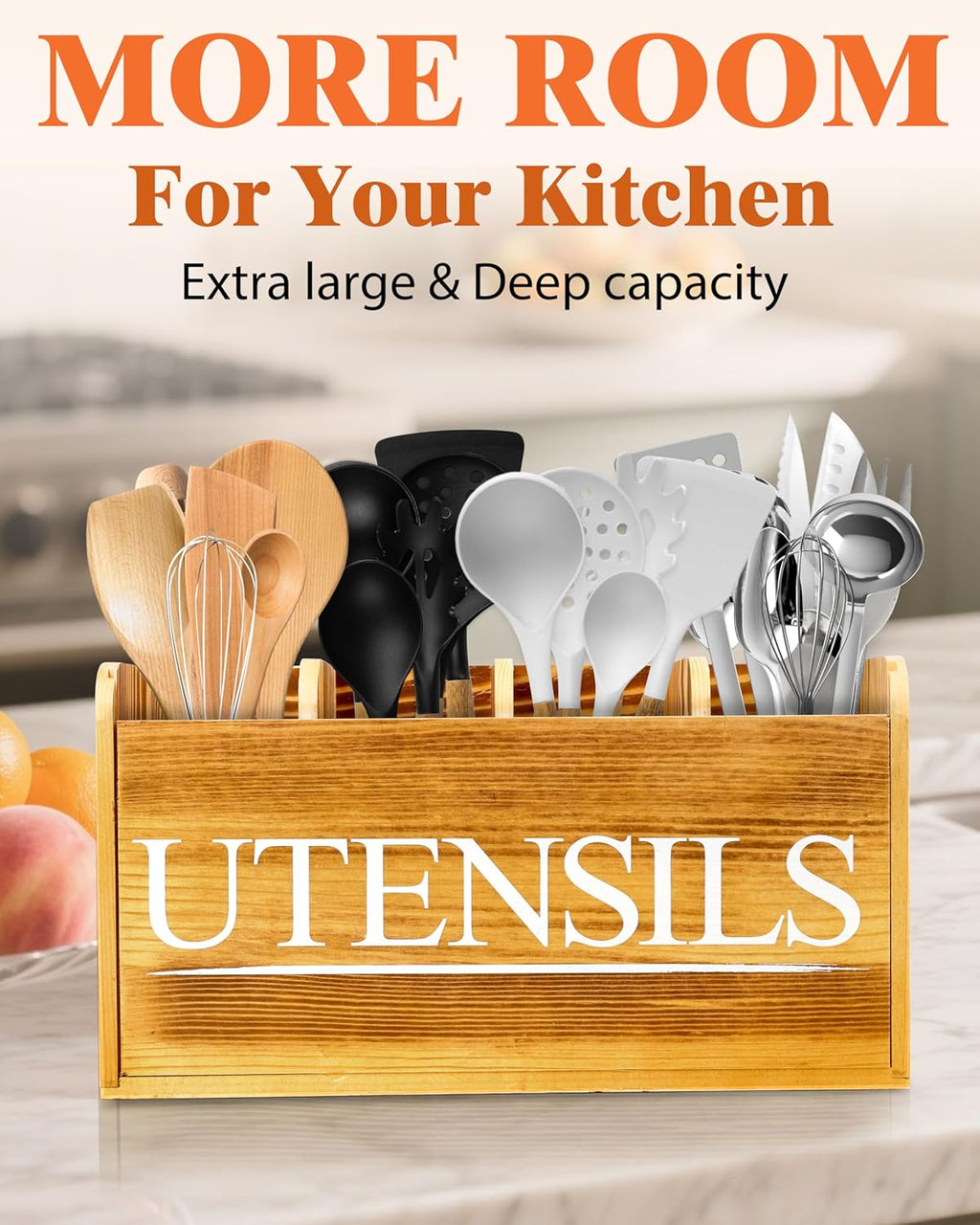 Kitchen Utensil Holder for Kitchen Counter Large Wooden Organizer for Cooking Utensils Utensil Holder Counter Farmhouse Décor (Farmhouse Wooden)