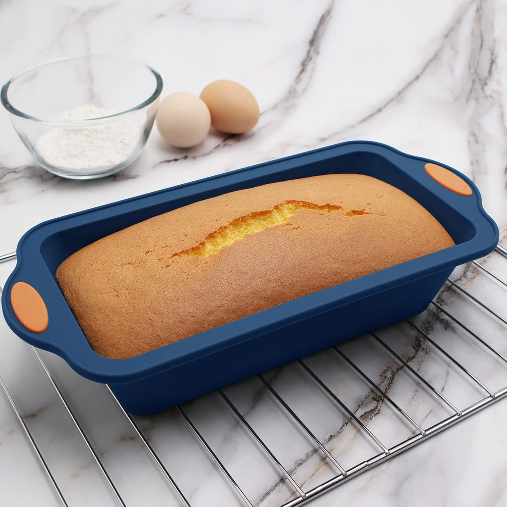 To encounter 8 in 1 Silicone Baking Set - 6 Cake Molds - 2 Silicone Baking Mat, Nonstick Cookie Sheet, Cake Muffin Bread Pan with Grips and Metal Reinforced Frame More Strength, Navy Blue