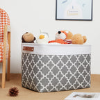 DULLEMELO Foldable Nursery Storage Baskets Canvas Storage Bins for Organizing 2 Pack Collapsible Home Organizer With Leather Handles (White&Lattice Grey)
