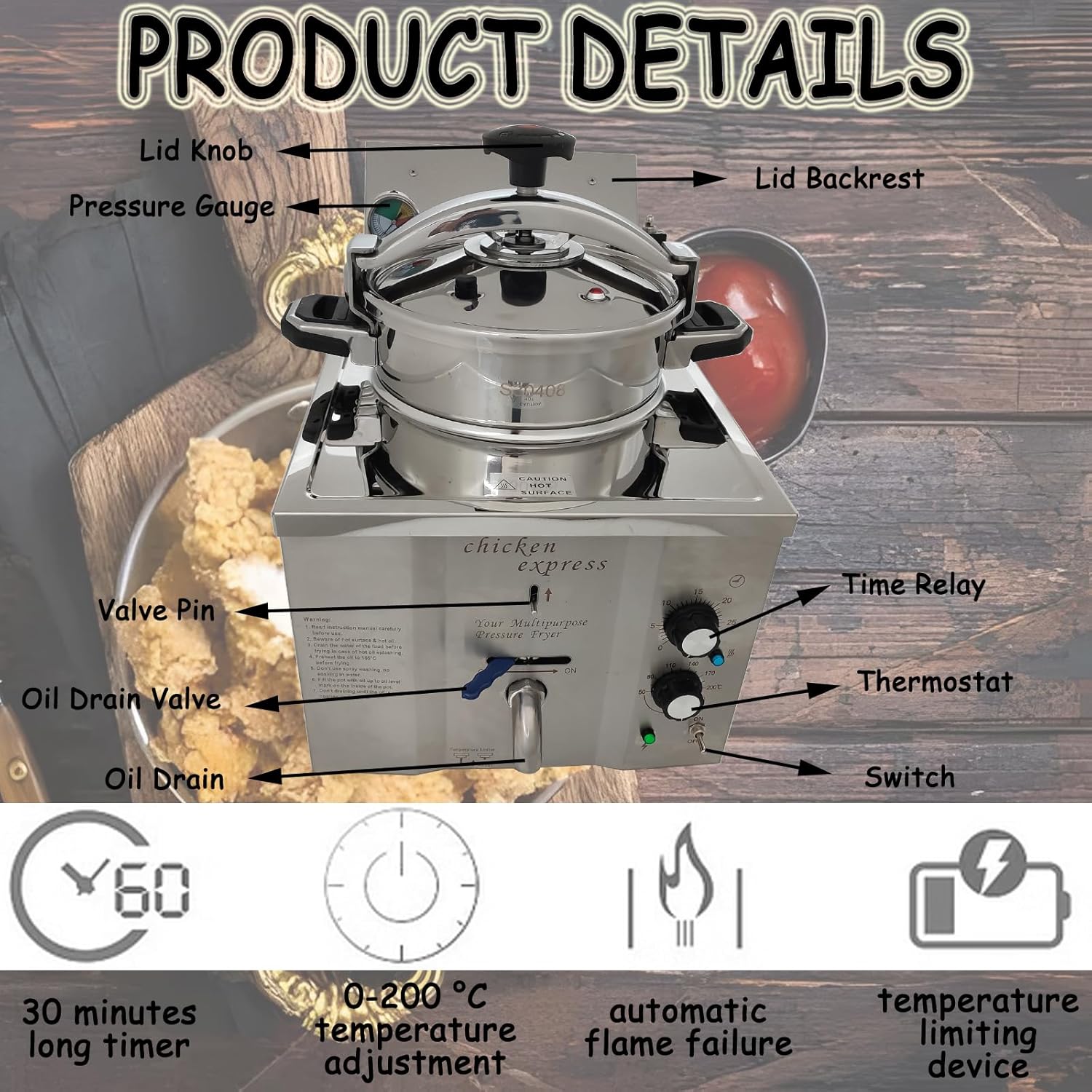110V 16L Commercial High Pressure Fried Chicken Stove 2.4KW Electric Countertop Pressure Fryer Stainless Steel Kitchen Frying Machine for Snack Bar Restaurant