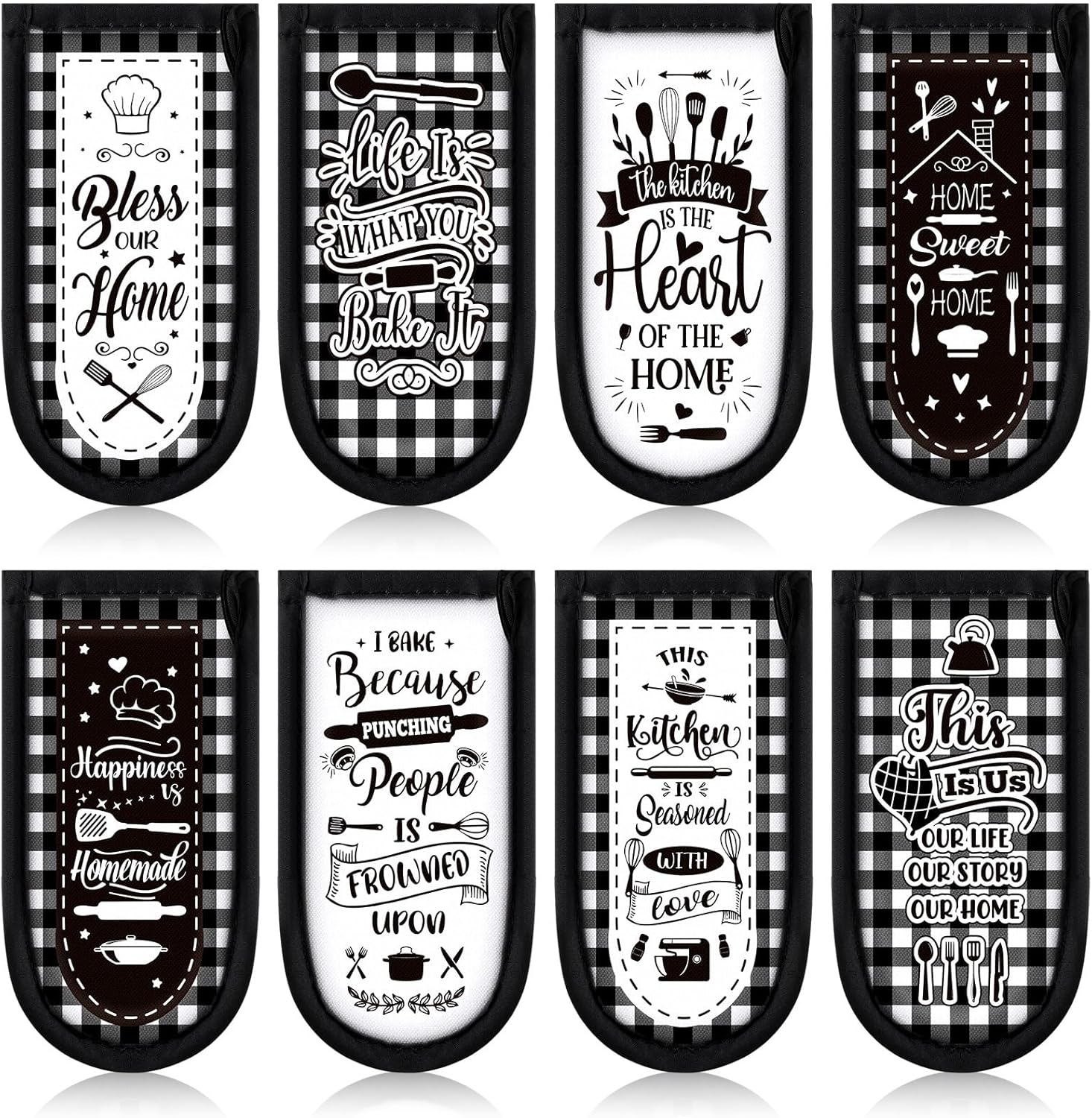Patelai 8 Pcs Kitchen Them Cast Iron Skillet Handle Covers Heat Resistant Pan Handle Holder Sleeve Black and White Buffalo Plaid Non Slip Skillet Pot Holders Mitt for Kitchen BBQ Baking Cookware Decor