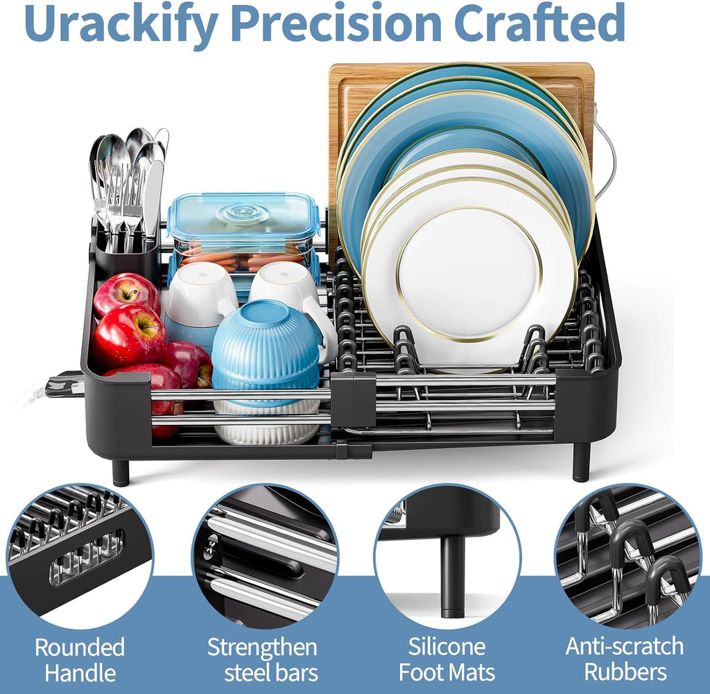 Stainless Steel Dish Drying Rack - Dish Drainer for Kitchen Counter, Extendable Drainboard with Foldable, Space-Saving Cup & Bowl Organizer, Includes Knife and Utensil Holder, Black