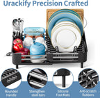 Stainless Steel Dish Drying Rack - Dish Drainer for Kitchen Counter, Extendable Drainboard with Foldable, Space-Saving Cup & Bowl Organizer, Includes Knife and Utensil Holder, Black