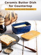 Ceramic Butter Dish with Lid, Covered Butter Dish for Countertop, Airtight Butter Holder Crock with Airtight Seal, HoneyBee Kitchen Decor, Blue