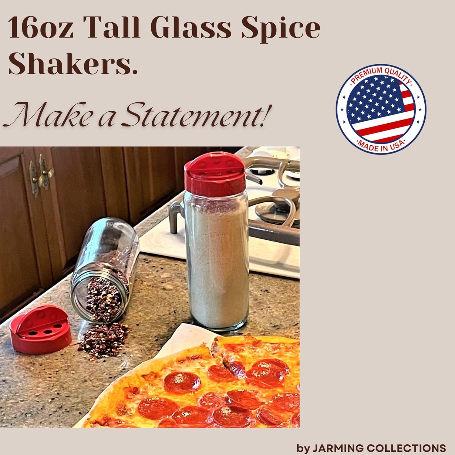 JARMING COLLECTIONS Glass Spice Jars with Shaker Lids - Spice Jars 16 oz for Food Storage, Spice Containers for Kitchen Organization, Organizing Bottles for Spices (Red - Set of 3)