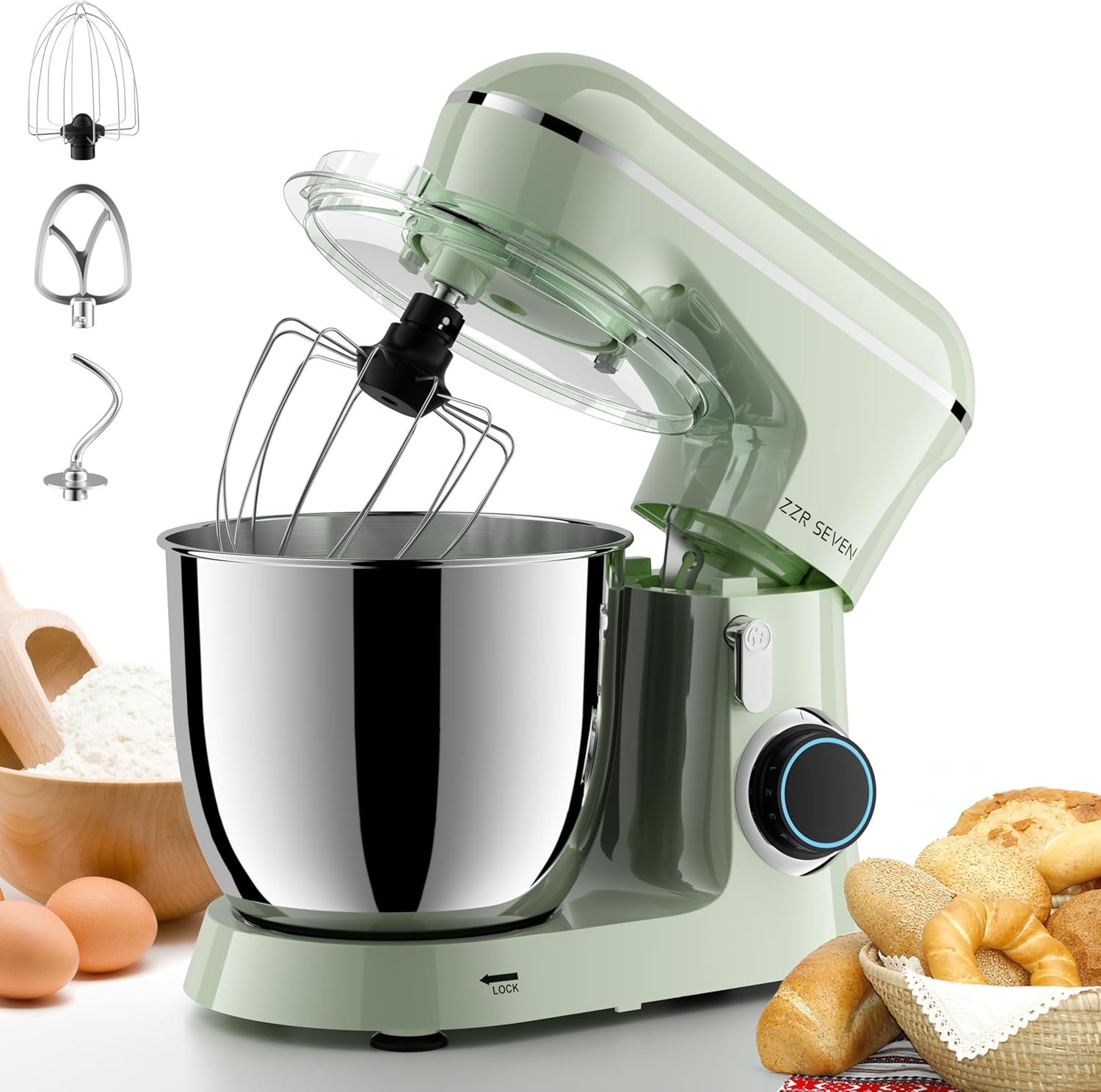 Stand Mixer, 5.5 Quart, 10 Speed Tilt-Head Food Mixer, Kitchen Electric Mixer with SS Bowl, Copper Motor, Beater, Dough Hook, SS Egg Whisk (450W Green)