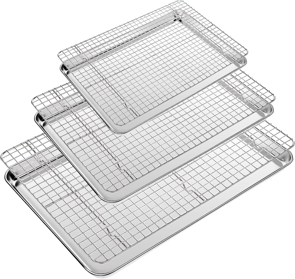 CEKEE Baking Sheet with Wire Rack Set of 6 (3 Cookie Sheets for baking + 3 Cooking Racks), Stainless Steel Stainless Steel Baking Pans Set with Cooling Rack - Heavy Duty & Dishwasher Safe