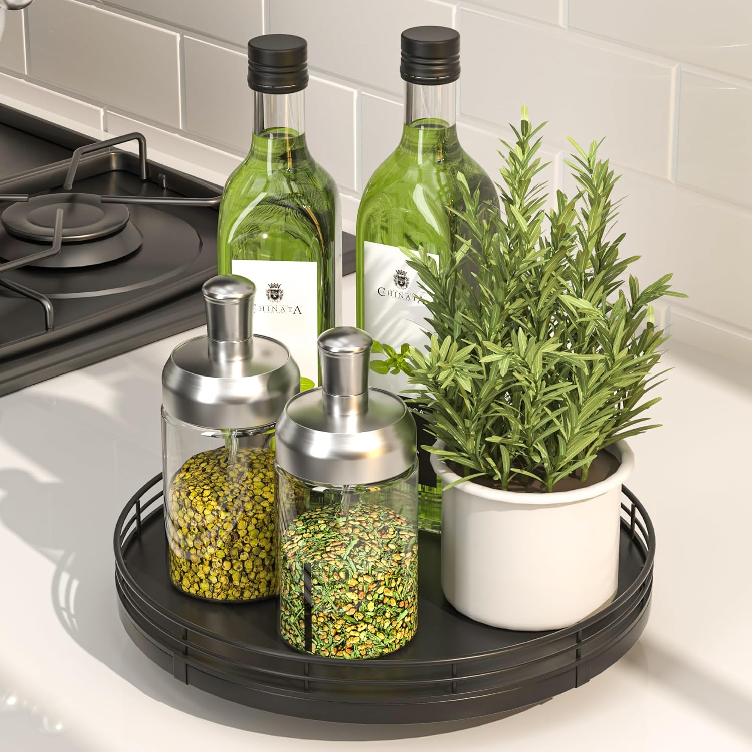 9" Oak Wood Lazy Susan Turntable Organizer, Lazy Susan for Cabinet Dining Table Pantry Wood Rotating Tray for Kitchen Countertop Coffee Table Decor Spinning Spice Can Organization and Storage Black