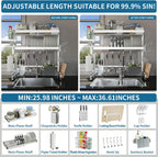 Over The Sink Dish Drying Rack,3 Tier Adjustable Length Full Stainless Steel Large Storage Kitchen Dish Rack,for Kitchen Counter Expandable Multifunctional Organizers,Silver (25.5'' to 37.6'')
