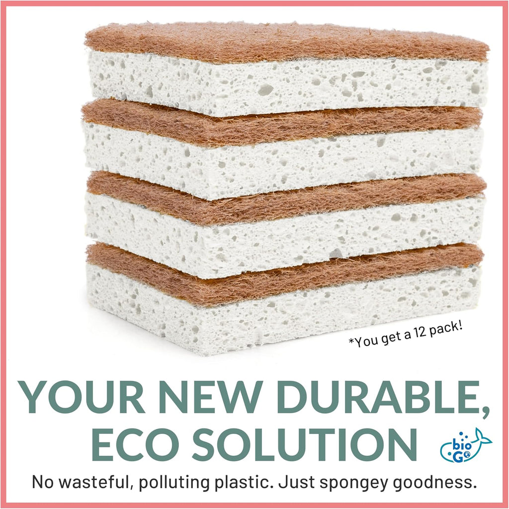 bioGo White 12 Pack Biodegradable Kitchen Sponge - Eco-Friendly, Compostable, Natural Cellulose Dish - Compostable - Biodegradable - Cellulose Sponges Kitchen