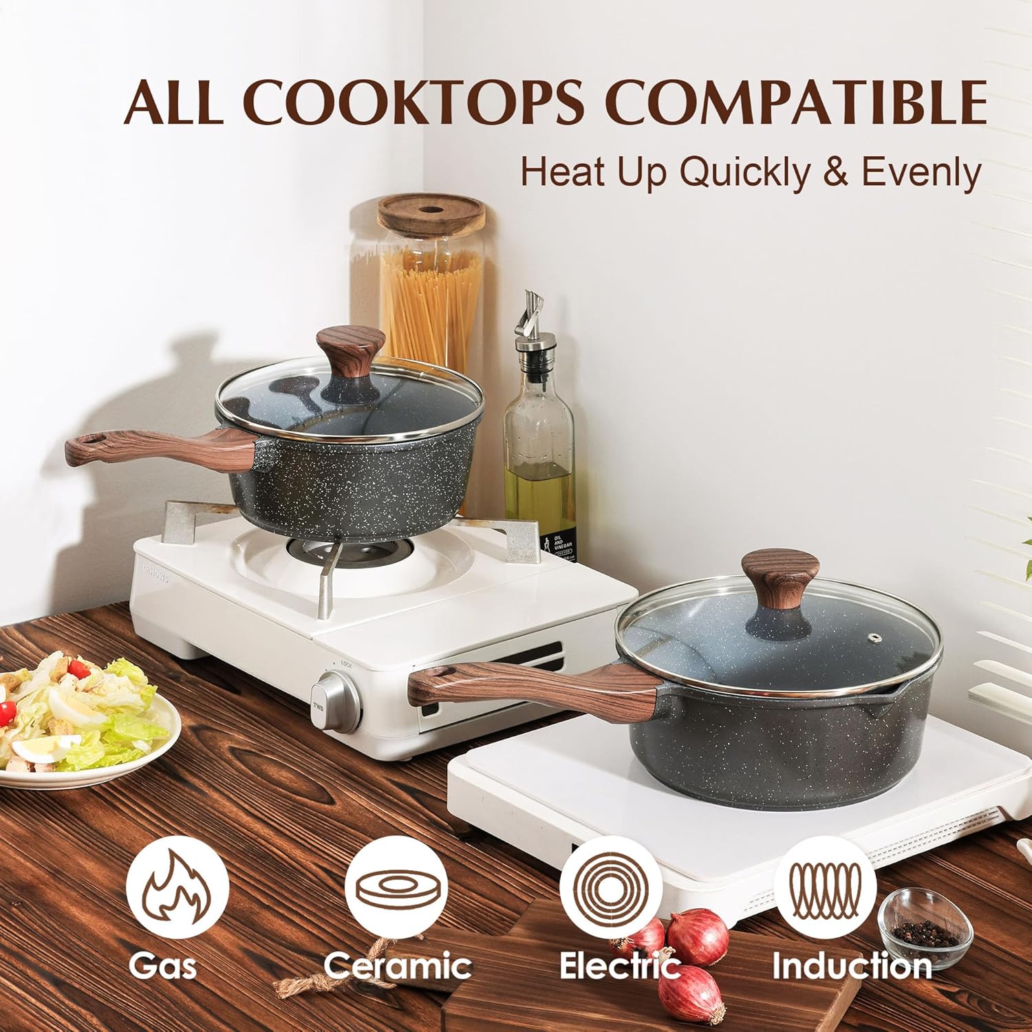 SENSARTE Nonstick Sauce Pan with Lid Saucepan Set, Swiss Granite Coating Sauce Pot Kitchen Cooking Pot Sets, Induction Comptable, Free of Intentionally Added PFOA, 1.5 + 2 QT